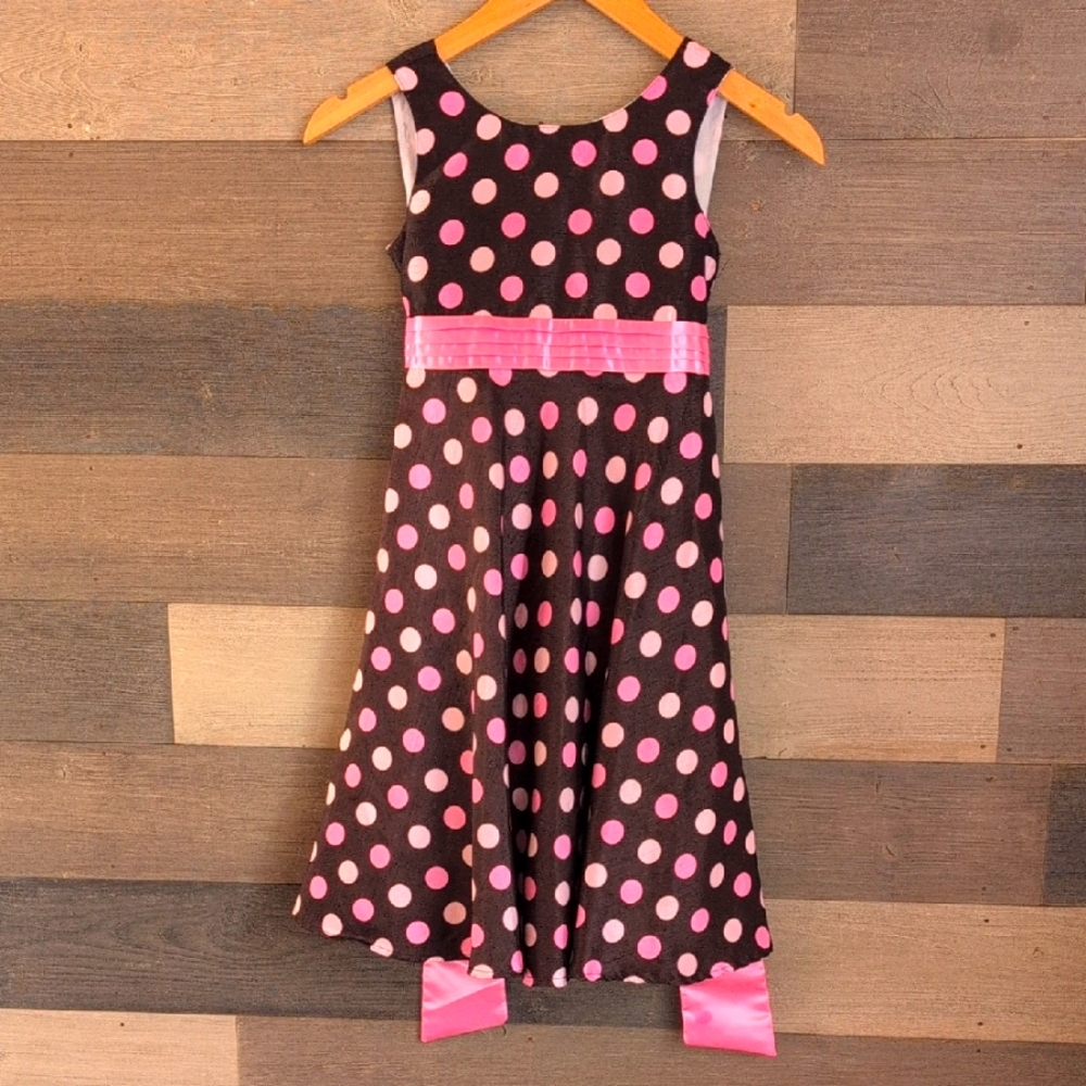 Little Miss Attitude Girls Pink &  Brown Polka Dot Dress. Sx 6X